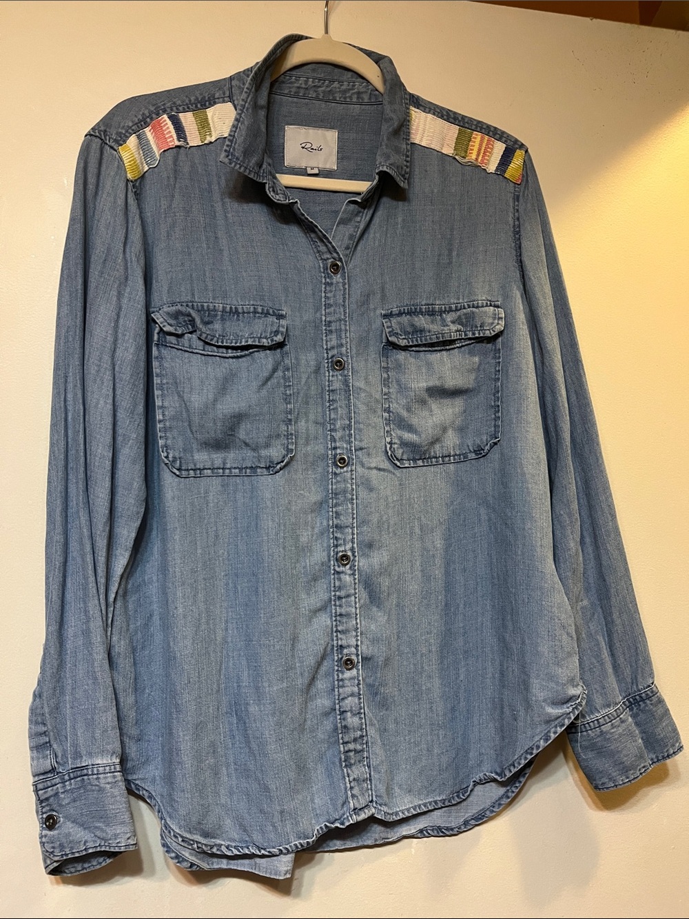 Rails Denim Button-Down Shirt with Multicolor Shoulder Panels Soft